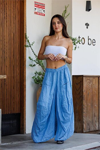 Miss Boheme Blue Color Front Long Back Short Italian Linen Shalwar with Pocket Detail