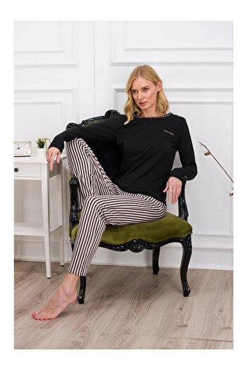 Pierre Cardin Women's Black Striped Pajama Set with Pocket Detail .P.İ.E6.6..R.O.Z..8..E.L.T.7.