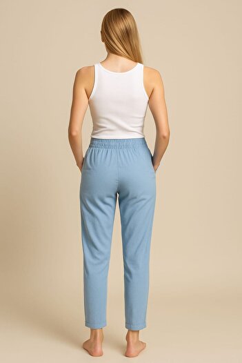 enmodaiçgiyim Bebe Mavi %100 Pamuk Gabardin Dar Paça Kadın Pantolon–Beli Lastikli,İki Cepli,Rahat,4 Mevsimlik