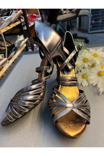 bitangosu Anthracite Leather Latin Salsa Bachata Tango Dance and Ballroom Shoes with Rose Ribbon, 7 Cm, 11 Point Heel.
