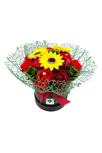velve Amethyst floral arrangement, soap flowers, in a round box, red-green-yellow
