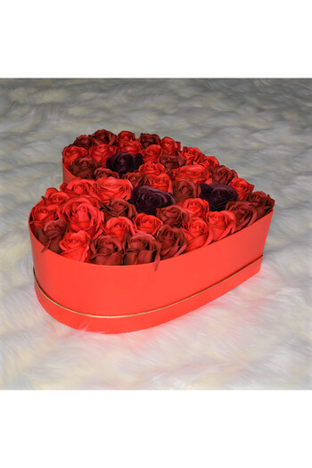 velve Red Passion floral arrangement heart box with 45 soap roses, Burgundy red