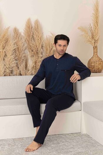 Tarık Men's Jacquard Pattern Long Sleeve Interlock Fabric Buttoned and Pocketed Seasonal Pajama Set