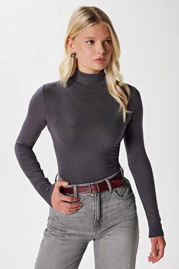 Ritnice Women's Feel Lux Touch Stand Collar Anthracite Long Sleeve Soft Blouse