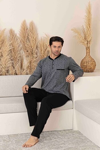 Tarık Men's Jacquard Pattern Long Sleeve Interlock Fabric Buttoned and Pocketed Seasonal Pajama Set