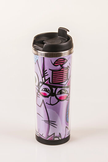 MUKKO HOME Cat Decorated Steel Mug - 360 ml |   Leak-Proof Lid, Steel Inner Bowl, 19 cm