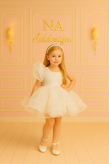 NA ADDESIGN Princess Sleeve Tulle Detailed Puffy Girl's Dress, Granular Puffy Dress - White