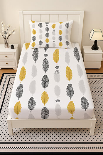 3D ELSE HALI Yellow Gray Ethnic Feathers Patterned Elastic Single Bed Sheet Set with Pillowcases 100X200Cm