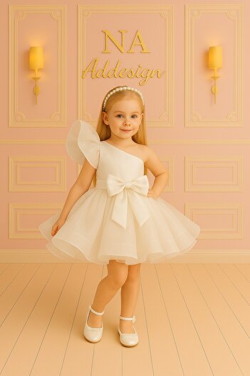 NA ADDESIGN Princess Sleeve Tulle Detailed Puffy Girl's Dress, Granular Puffy Dress - White