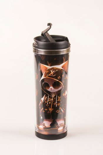 MUKKO HOME Cat Decorated Steel Mug - 360 ml |   Leak-Proof Lid, Steel Inner Bowl, 19 cm