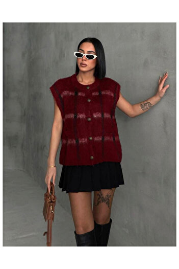 deqfashion Women's Burgundy Plaid Oversize Knit Vest