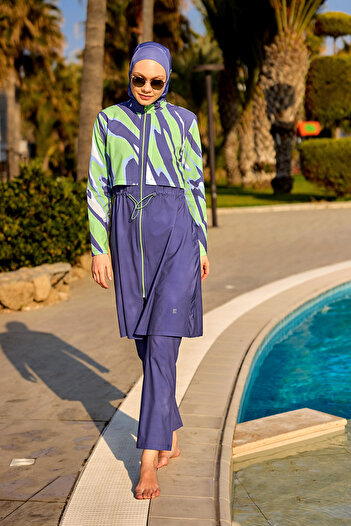 Marina Swimwear Indigo Full Coverage Hijab Swimsuit with Fastening, Water Draining, Waist Stopper M2509