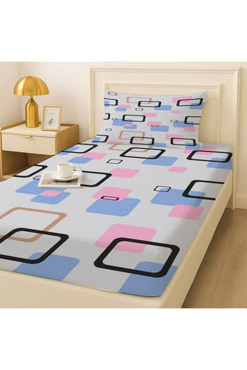 Else Dekor Blue Pink Geometric Patterned Elastic Single Bed Sheet Set with Pillowcase 100X200Cm
