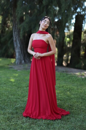 berissima bride Astrid Straplez Şal Detaylı, Kloş Şifon Nikah Elbisesi, Dış Çekim Elbisesi