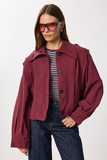 Lovelyİstanbul Padded Pleated Short Trench Coat Ldp0083 Bordo