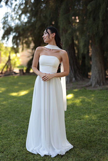 berissima bride Astrid Straplez Şal Detaylı, Kloş Şifon Nikah Elbisesi, Dış Çekim Elbisesi
