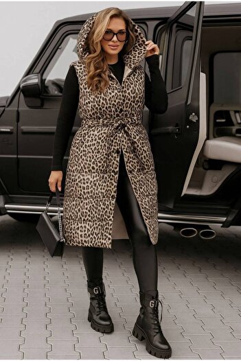 MAXORA SHOP Long reversible hooded vest, plain front and animal print