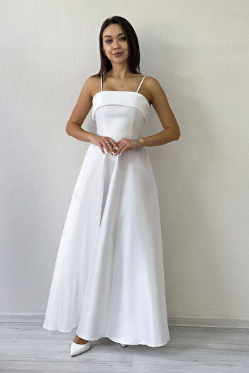 the ZKS White Thin Strap Evening Dress with Pocket Detail