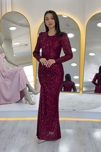 the ZKS Women's Burgundy Draped Long Sleeve Long Sequin Evening Dress Plus Size Optional