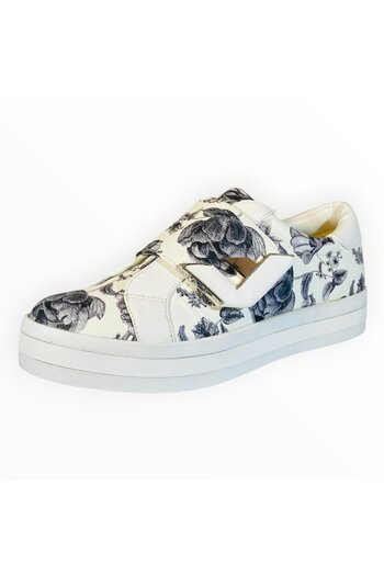 Fiorelli Women's Sneakers -Leather Off White with Floral Monogram Print, Velcro Closure, Size 37