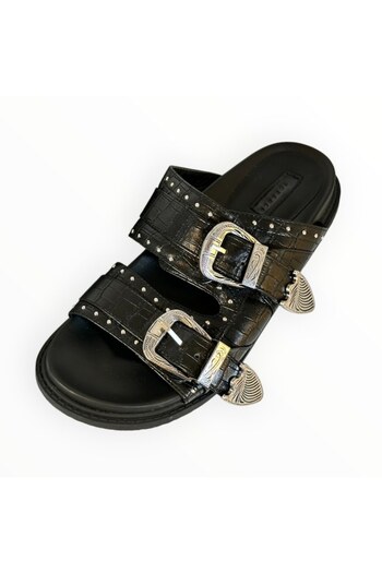 TopShop Women's Slippers Double Strap with Adjustable Buckles Black Leather Size 40 EU