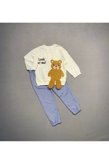 shopwave 2-3-4 Years Old Teddy Bear Rocking Foot Patterned Lycra Combed Fabric Sweat Pants Girls Boys 2-Piece Children's Set