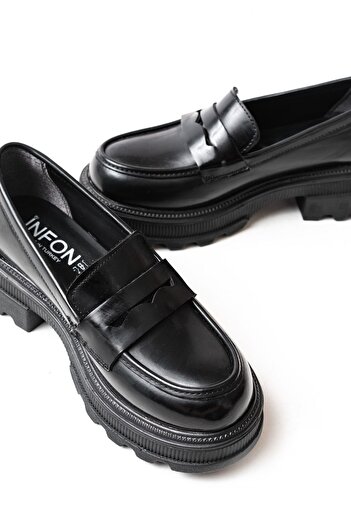 ETİLER COLLECTION 746-759 Black Patent Leather Daily High-Sole Loafer Shoes