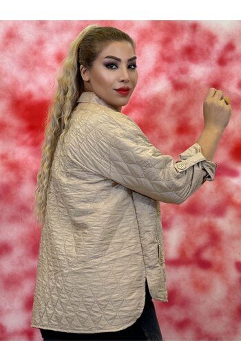 Yeşilmoda Quilted Jacket Plus Size Stone Embroidered, Button Front, High Back Cut, Spring V Autumn Women
