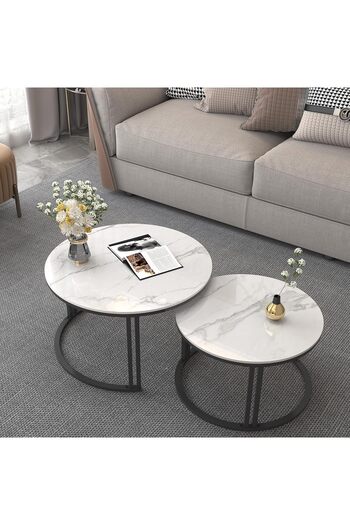 Türkiye Nesting Coffee Table Sintered Stone: Set of 2 Nest Glossy White Marble Round Tables Large 70x40cm /