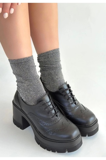 meSga butik Tiwer Black Leather Wedge Heel Shoes