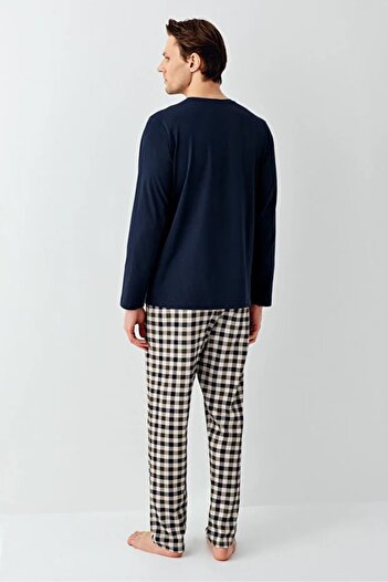 Arnetta 100% Cotton Circular Neck Bottom Plaid Pattern Men's Long Sleeve Pajama Set