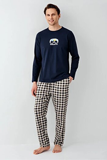 Arnetta 100% Cotton Circular Neck Bottom Plaid Pattern Men's Long Sleeve Pajama Set
