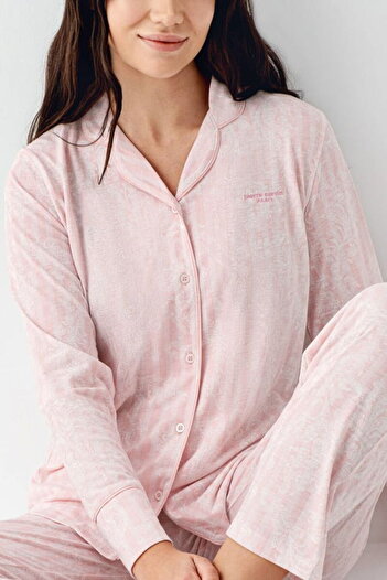 Pierre Cardin Shirt Collar, Pocket, Women's Pajama Set, Button Front, Long Sleeve, Cream, 50% Cotton & 50% Modal