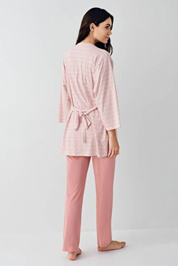 Pierre Cardin Üçlü Pijama & Sabahlık Set, Kurdele Bağlamalı, İp Askılı, V Yakası Dantelli, %50 Pamuk & %50 Modal
