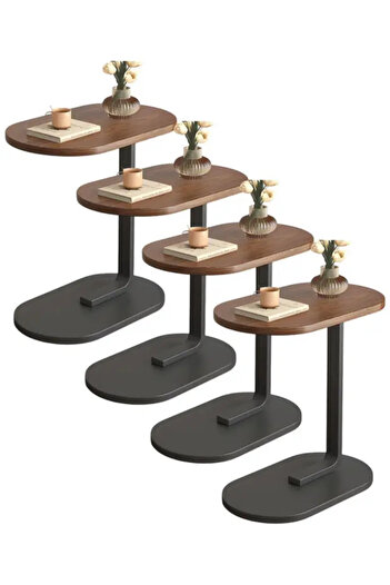 Crestj Modern 4-Piece Coffee Table | C-Shaped Side Table with Brown Wood Top and Black Metal Frame
