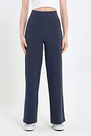 MetuCA Women's Anthracite High Waist Pocketed Palazzo Wide Leg Crepe Fabric Pants Sweatpants