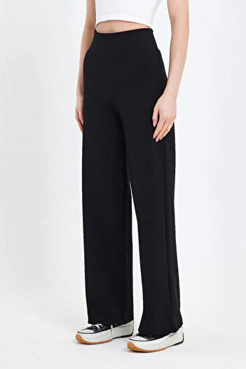 MetuCA Women's Black High Waist Pocket Palazzo Wide Leg Crepe Fabric Pants Sweatpants