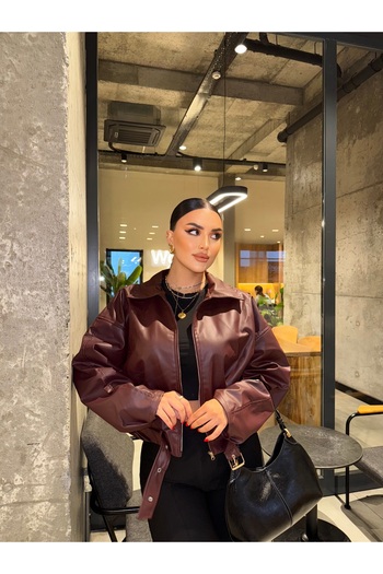mekabutik Burgundy Belt Detail Oversize Leather Jacket