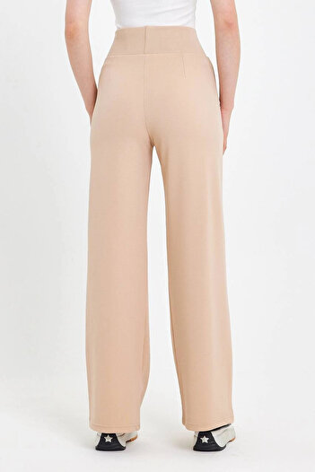 MetuCA Women's Beige High Waist Pocketed Palazzo Wide Leg Crepe Fabric Pants Sweatpants