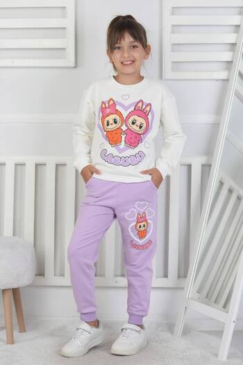 ARBİ kids Girl's Labubu Print Brushed Two-Thread Fabric Seasonal Suit Full Mold