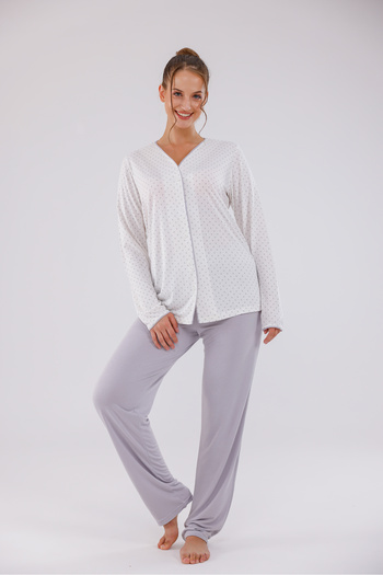 Yulem Homewear Gray Front Buttoned Polka Dot Plus Size (Oversized) Long Sleeve Cotton Pajama Set
