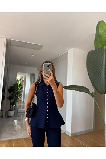 FEMMESTUDIO Women's Navy Blue Gold Button Detailed Lycra Polo Neck Vest