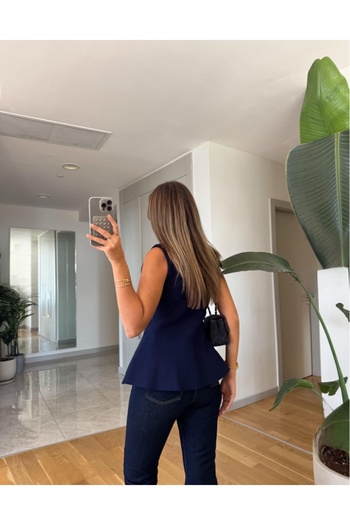 FEMMESTUDIO Women's Navy Blue Gold Button Detailed Lycra Polo Neck Vest