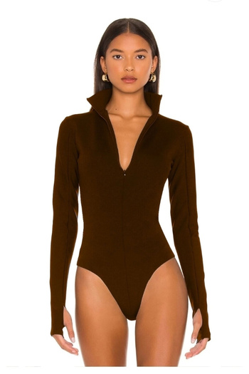 MetuCA Women's Brown Stand Collar Zippered Long Sleeve Finger-Loop Sandy Fabric Bodysuit Zıbın