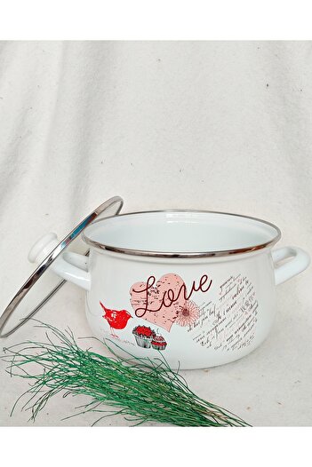 EBRULİEMAYE Love Enamel Deep Pot Large Size 5 Liters 24 cm Diameter Milk Yogurt Soup Jam Canned Paste Pot