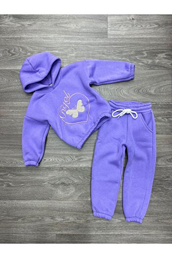 ERDEM KIDS Girls' Winter Embroidered Double-Layered Cotton Hoodie with Three Threads, Pockets, Elastic Waistband and Cuffs, Embroidered Two-Piece Set