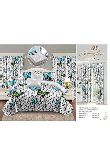 FIONNA.RO Fine Cotton Linen And Curtain Set With Elastic - Stones And Butterflies