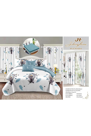 FIONNA.RO Fine Cotton Linen And Curtain Set With Elastic - Feathers And Birds