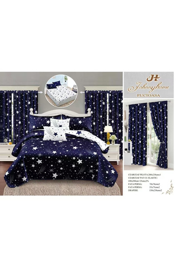 FIONNA.RO Fine Cotton Linen And Curtain Set With Elastic - Starry Navy Blue