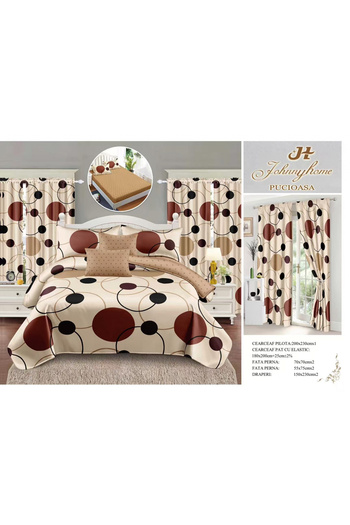 FIONNA.RO Fine Cotton Linen And Curtain Set With Elastic - Beige Circles